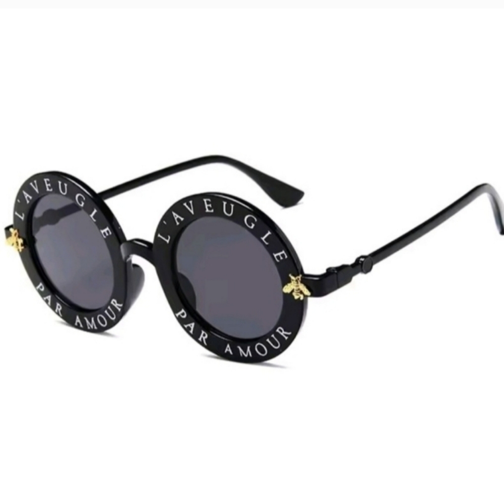 Black Round Sunglasses With Vintage Gold Bee Frames Dark Gray Lens Design